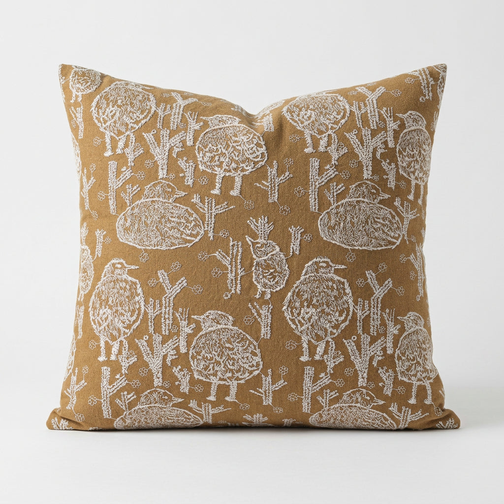 Woodland Birds Embroidered Pillow Cover