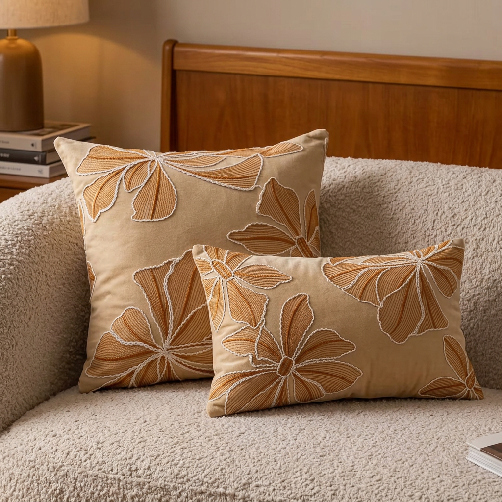 Amber Bloom Embroidered Lumbar Pillow Cover